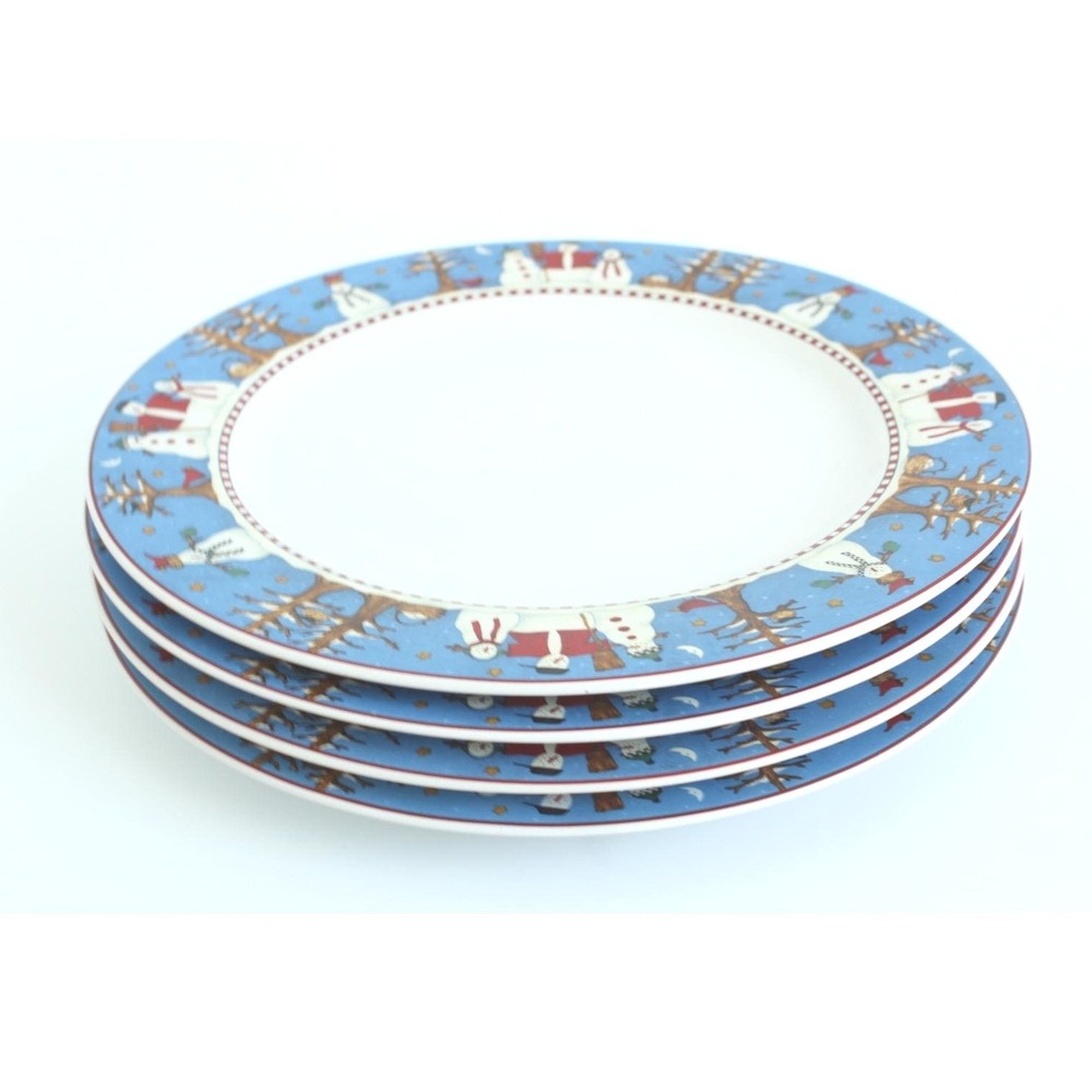 Sakura‎ Debbie Mumm Snowman Dinner Plates Stoneware Blue White Set of 4 11.25"